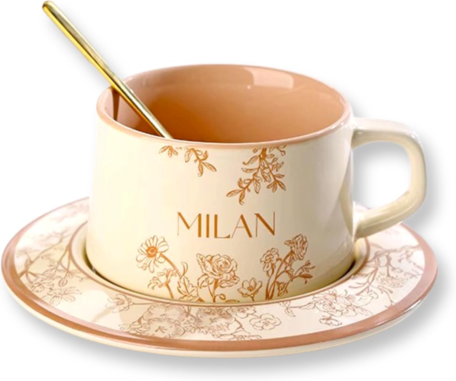 DEARART Elegant Coffee Cup Ceramic Mug & Saucer Separate & Spoons, Small Cup of Strong Tea or Coffee, Beautiful Gift, Green 7oz
