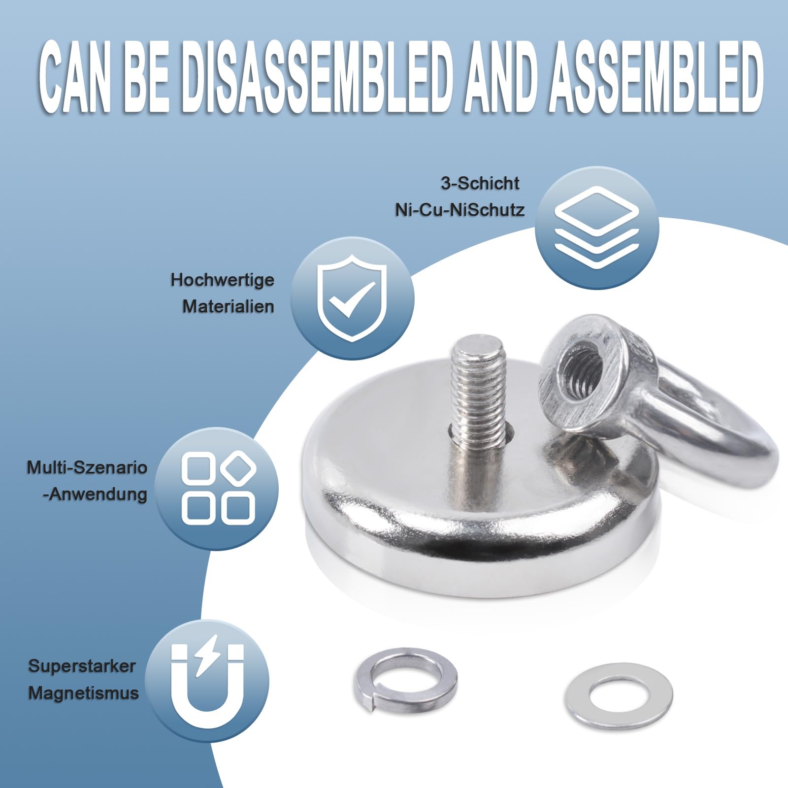 Ant Mag Pesca Magnetica D75 440 Kg Magnete Al Neodimio Double Face Con Viti Ad Anello Con Gancio Per La Ricerca Di Magneti, Magnete Di Salvataggio Per Trovare Tesori In Fiumi O - Foto 4