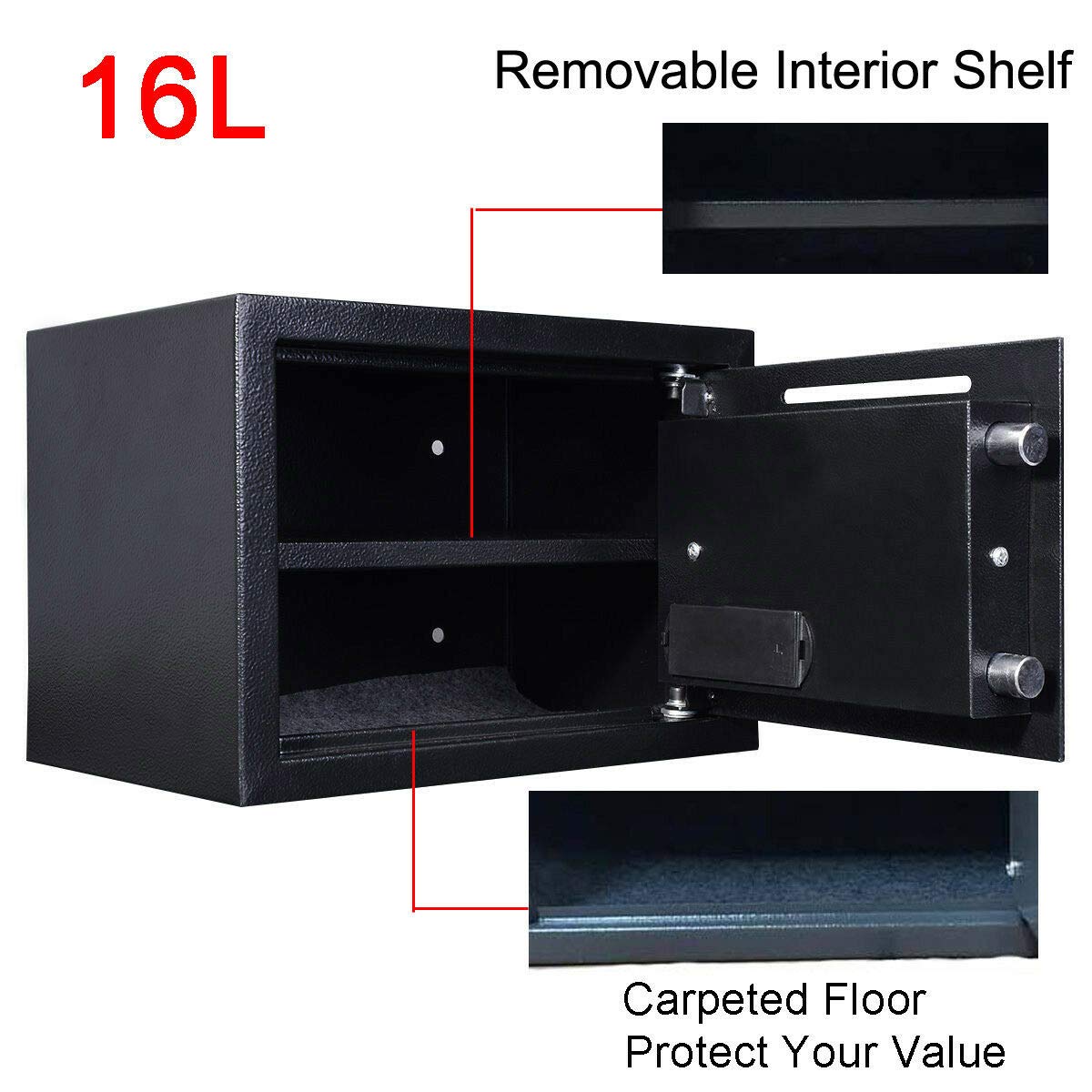 16 Litre Electronic Safe Box With Key, 35 X 25 X 25cm, High Security Safe Money