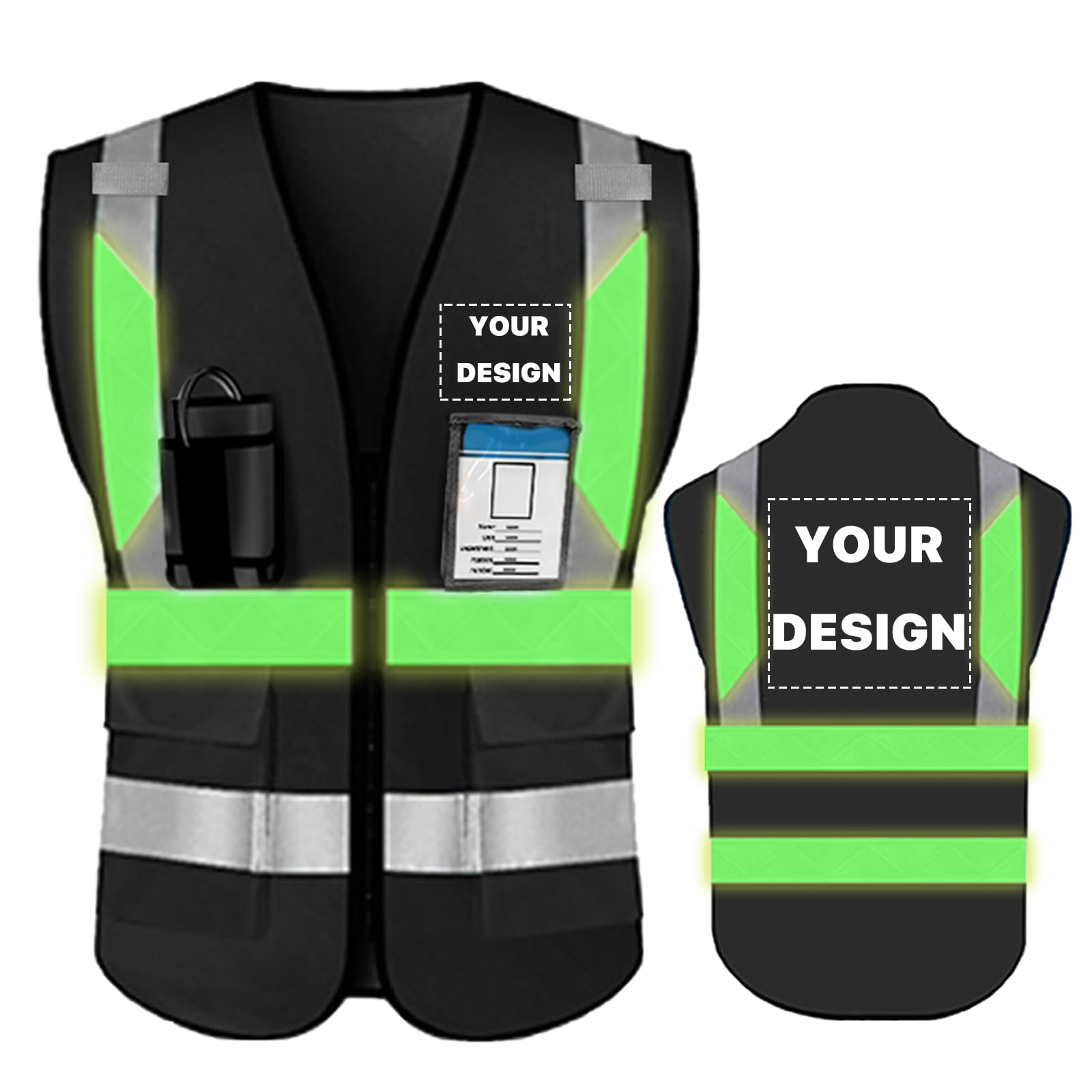YOWESHOP High Visibility Reflective Safety Vest with Pockets and Zipper Custom Logo Safety Workwear,Luminous Black 3XL