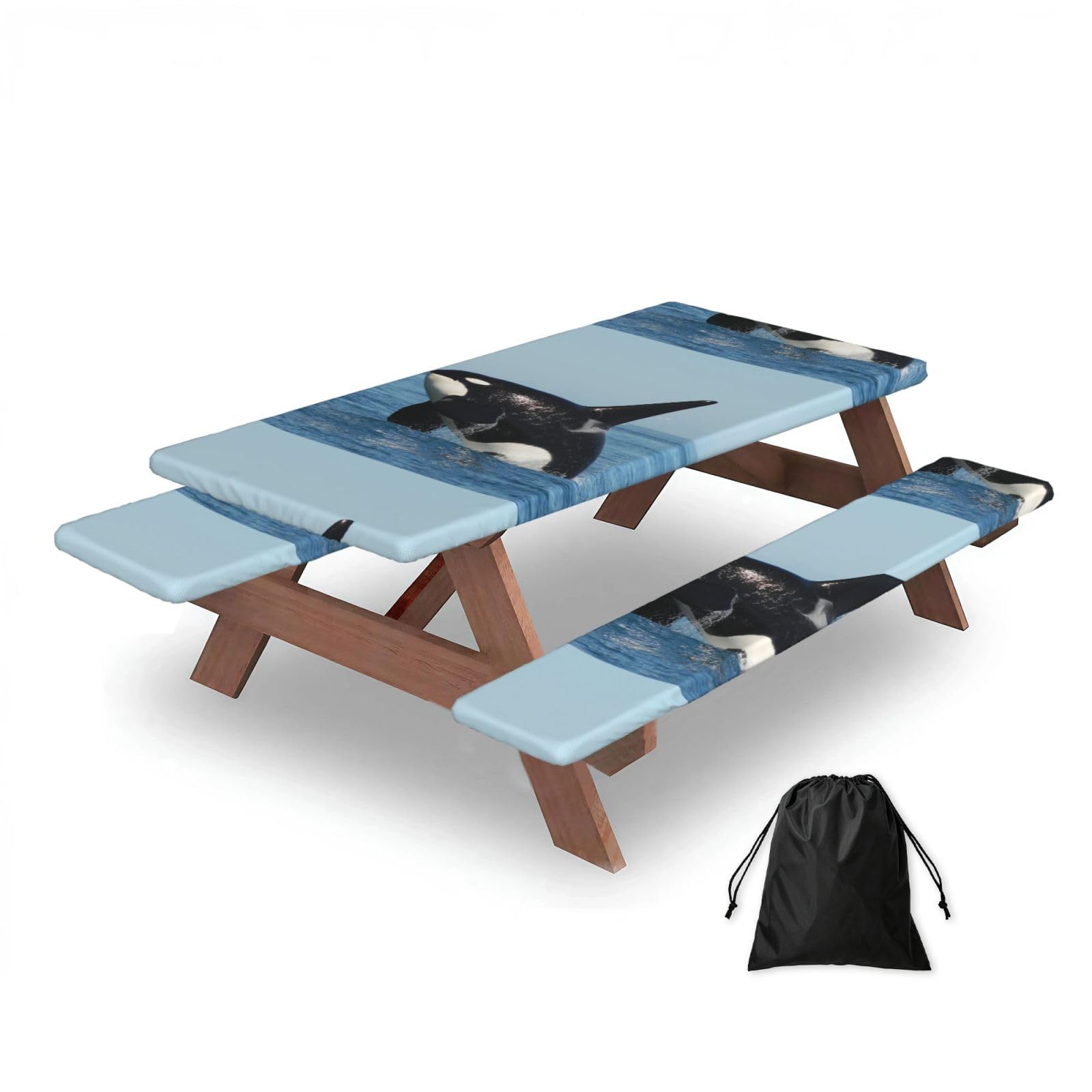 Dopklna As Picture Killer Whale Printed, Picnic Table Cover With Bench Covers -Waterproof Elastic Fitted Tablecloth For Garden Camping Patio 76X152cm