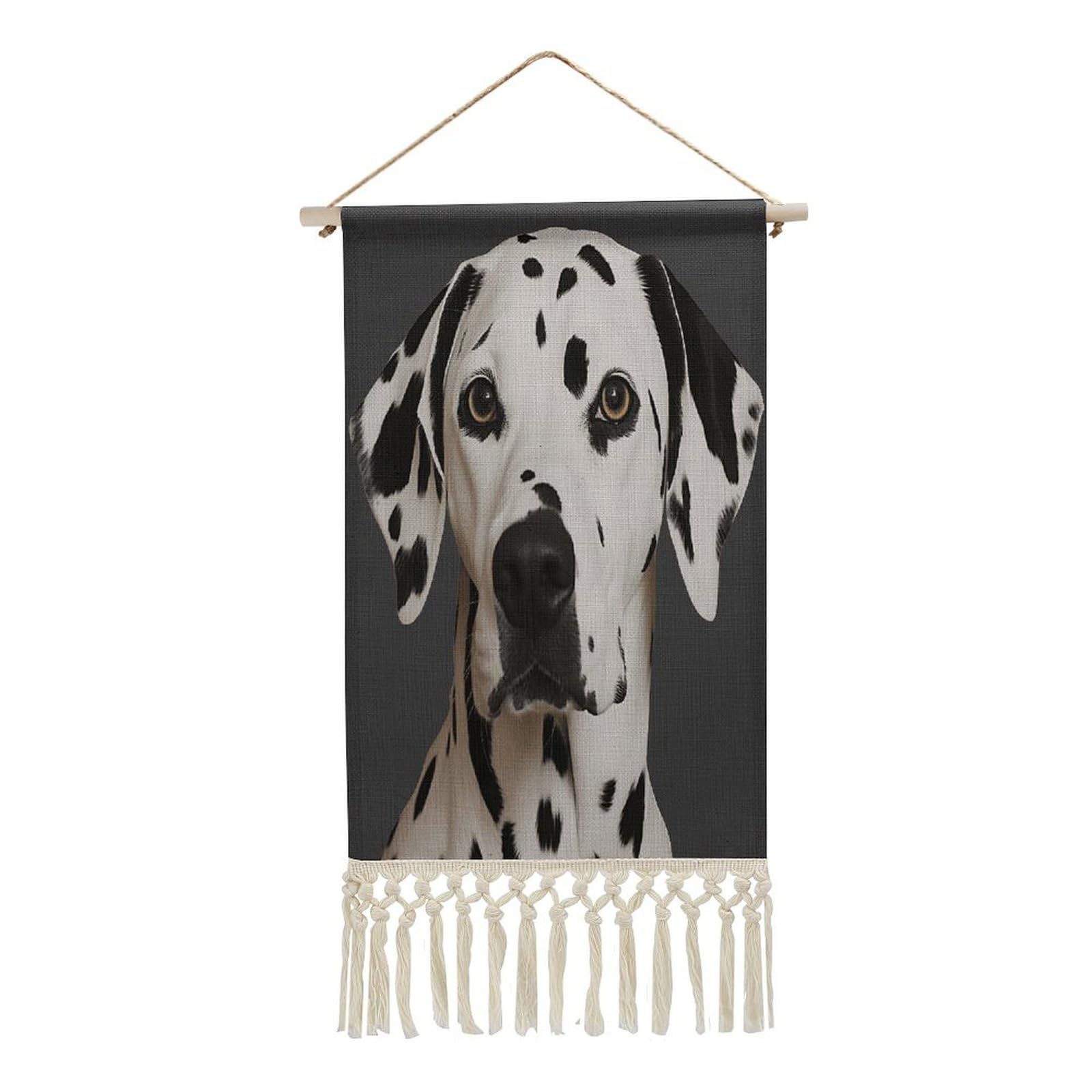 VstaDank Dalmatian Wall Art Decor with Tassels 20"x10" Cotton Linen Hanging Tapestry Decor Wall Art Prints Wood Frame Boho Wall Art Poster for Bedroom Living Room Office