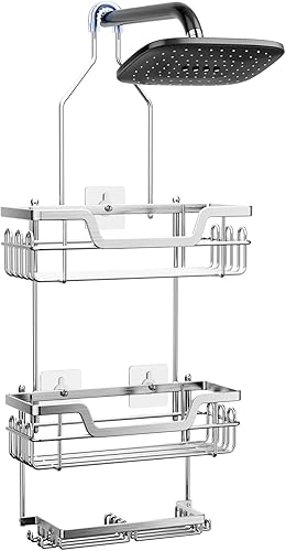 Miniatura 8 de SWTYMIKI Organizador de ducha colgante de 3 niveles a prueba de óxido sobre cabezal de ducha con 16 ganchos y doble soporte para jabón, estante de