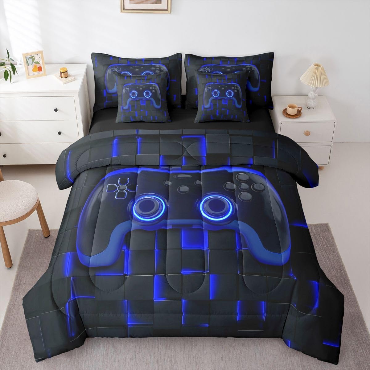 Castle Fairy 3D Gamepad Gaming Soft Bedding Comforters Twin Geometric Grid Patchwork 7pcs Bedding Set for Kids Boys Room Decor,Video Game Bed in a Bag with Comforter,Sheets,Pillowcases,Blue Black