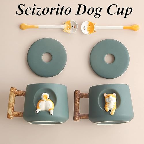 Miniatura 3 de Taza de Pareja de Perros Linda, Taza de Café de Cerámica con Tapa, Patas en la Parte Superior de la Cuchara, Bonito Diseño Tridimensional de Shiba