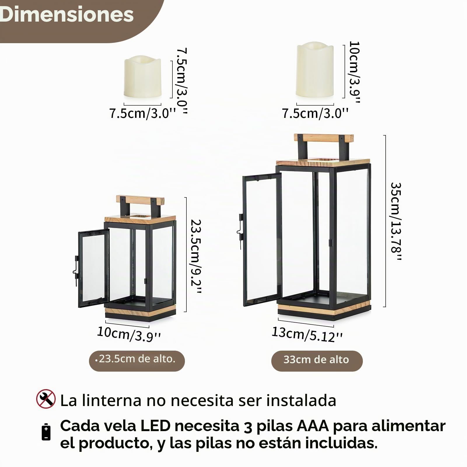 NUPTIO Juego Faroles Madera Velas: 34cm 23.5cm Alta LED Pilar Vela Decorativa Linterna Colgante Sala de Estar Al Aire Libre de Interior de Piso de Navidad Candelabros Metal Chimenea con Temporizador