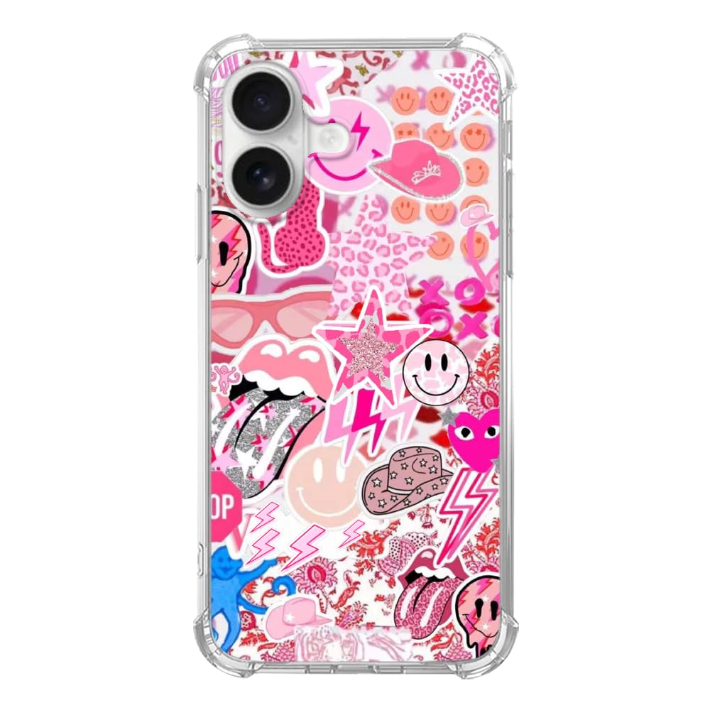 Dohakemuny Hippie Pink Aesthetic Phone Case Compatible with iPhone 16 Plus, Vintage Pink Smile Face Collage Phone Case for iPhone 16 Plus, Cool Trendy