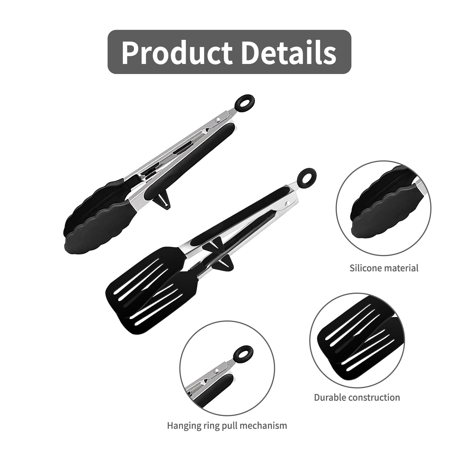 3 Pezzi Pinze da Cucina,Pinze in Metallo,Pinze da Cucina in Silicone,Pinze Barbecue Antiscivolo in Acciaio Inox Silicone Utensili da Cucina,per Carne,Arrosto,Insalata Nero