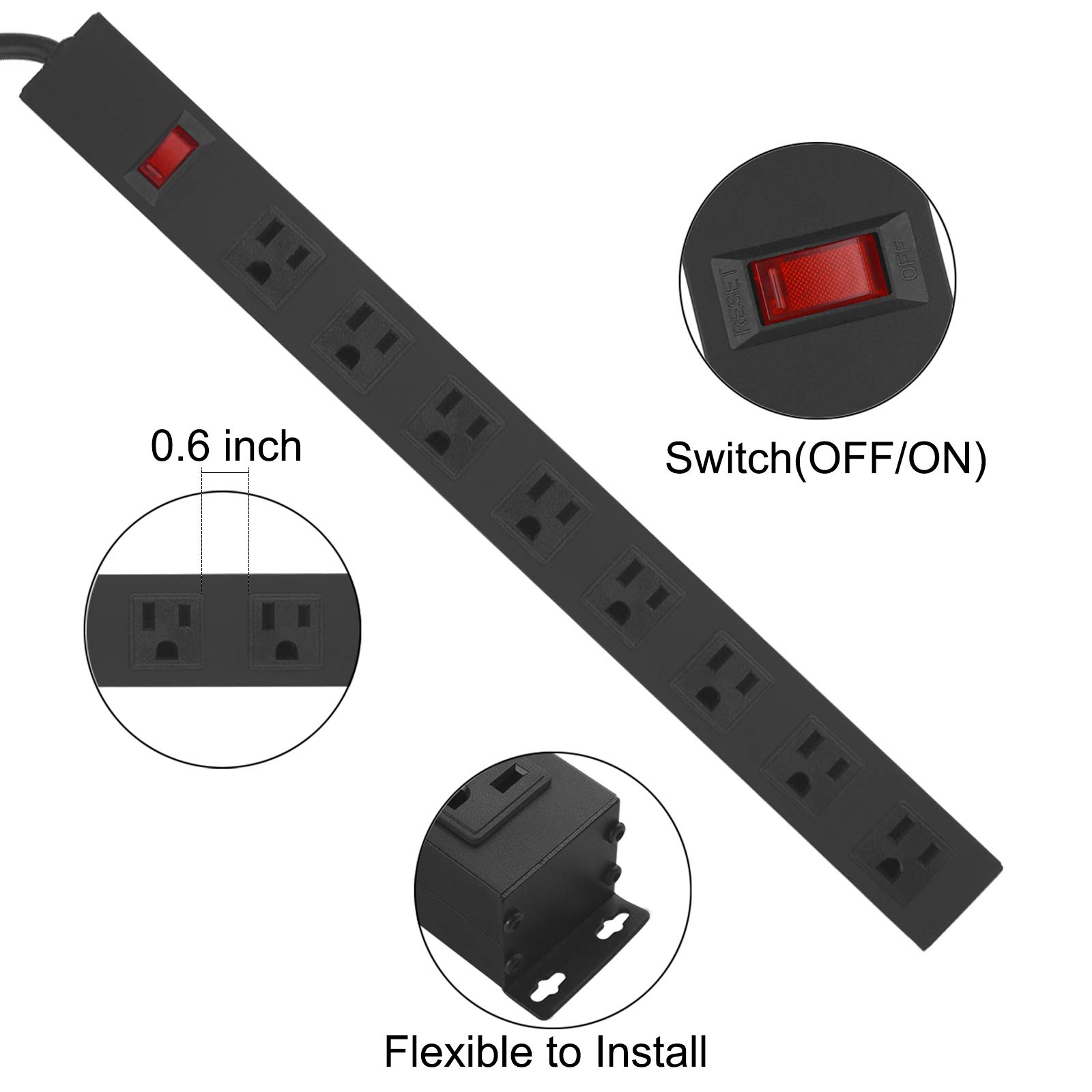 Metal 8 Outlet Mountable Power Strip, Wall Mount Outlet Power Strip