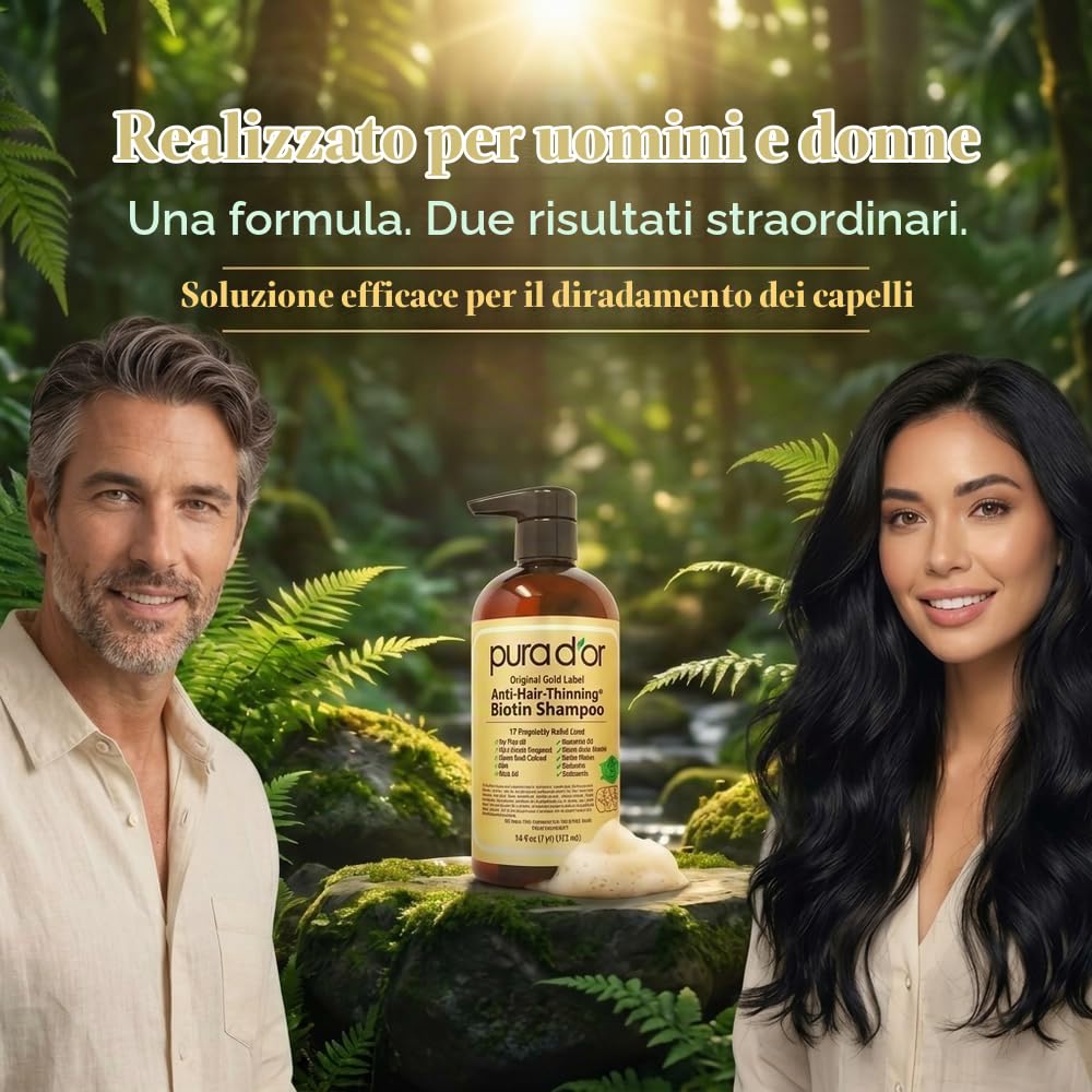 Pura D'Or Shampoo anti-assottigliamento originale in oro testato clinicamente, infuso con olio di argan, biotina, senza solfati, 473 ml (la confezione può variare)