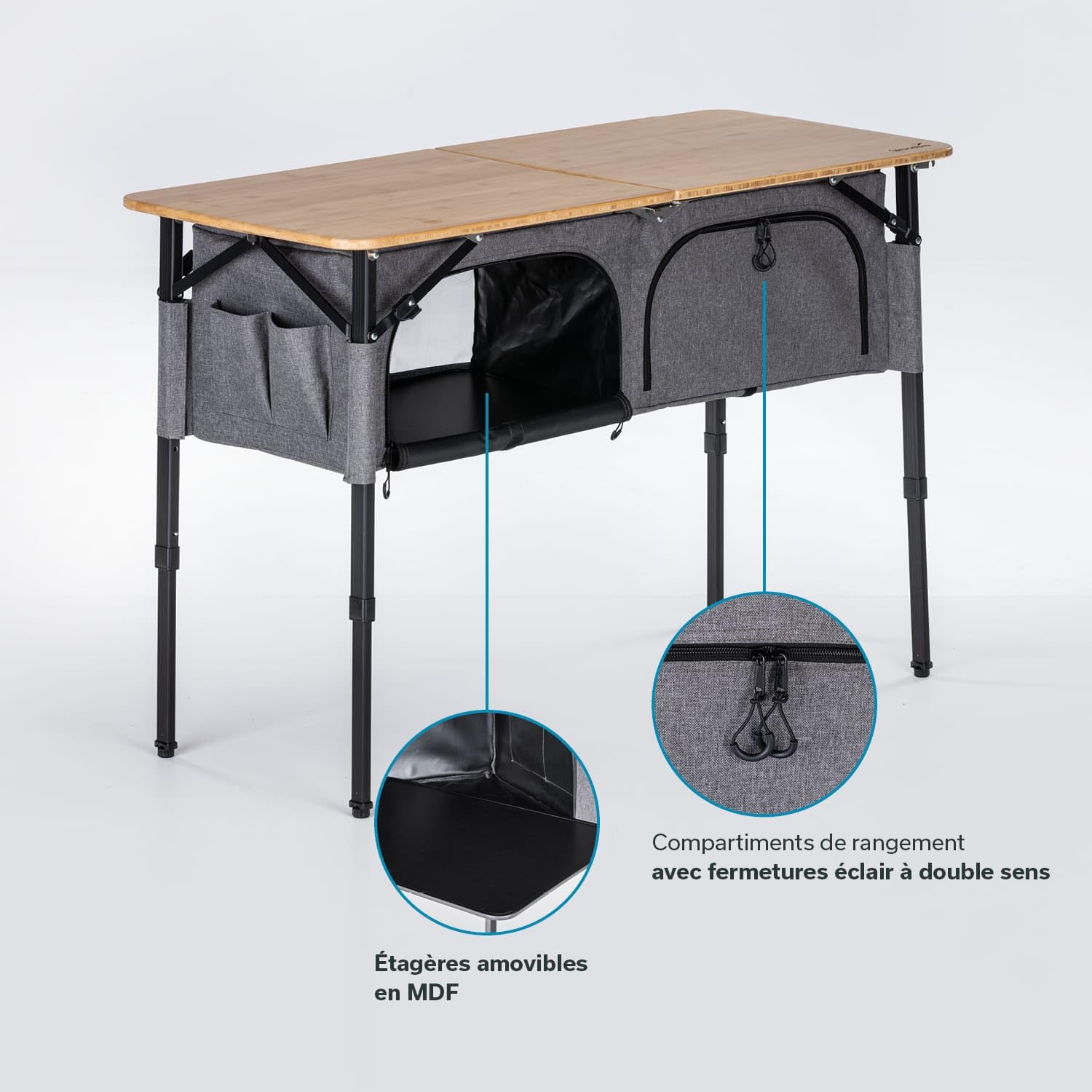 Skandika Table de Camping avec Armoire Tolja | Table Pliante Bambou avec Placard, réglable en Hauteur, Pliable, Armoire de Camping avec étagères, Sac de Transport | Meubles de Camping, Jardin, Balcon
