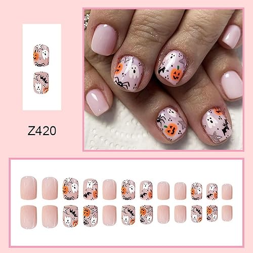Miniatura 2 de Uñas postizas a presión de Halloween, uñas postizas cuadradas cortas con telaraña, lindo diseño de estrella fantasma, uñas acrílicas, color rosa