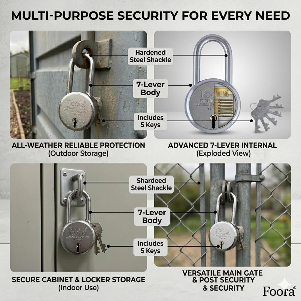 Foora Round 50Mm Keypad Lock | Long Shackle | Home Metal Body | Double Locking | 7 Steel Lever | 10 Silver Keys with Keychain | Silver Finsih | Made in India | Export in USA | Canada 2