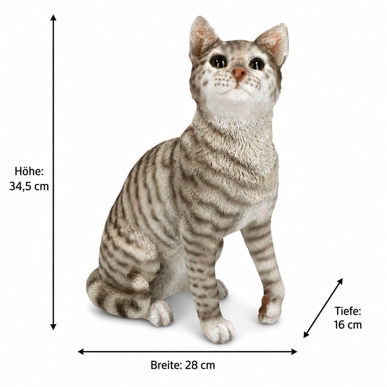 Figuren Shop GmbH Gartenfigur Katze sitzend 34,5 cm – grau getigerte Katzenfigur mit erhobener Pfote aus Polyresin, handbemalt und wetterfest – Tierfigur Gartenskulptur für Haustür und Terrasse