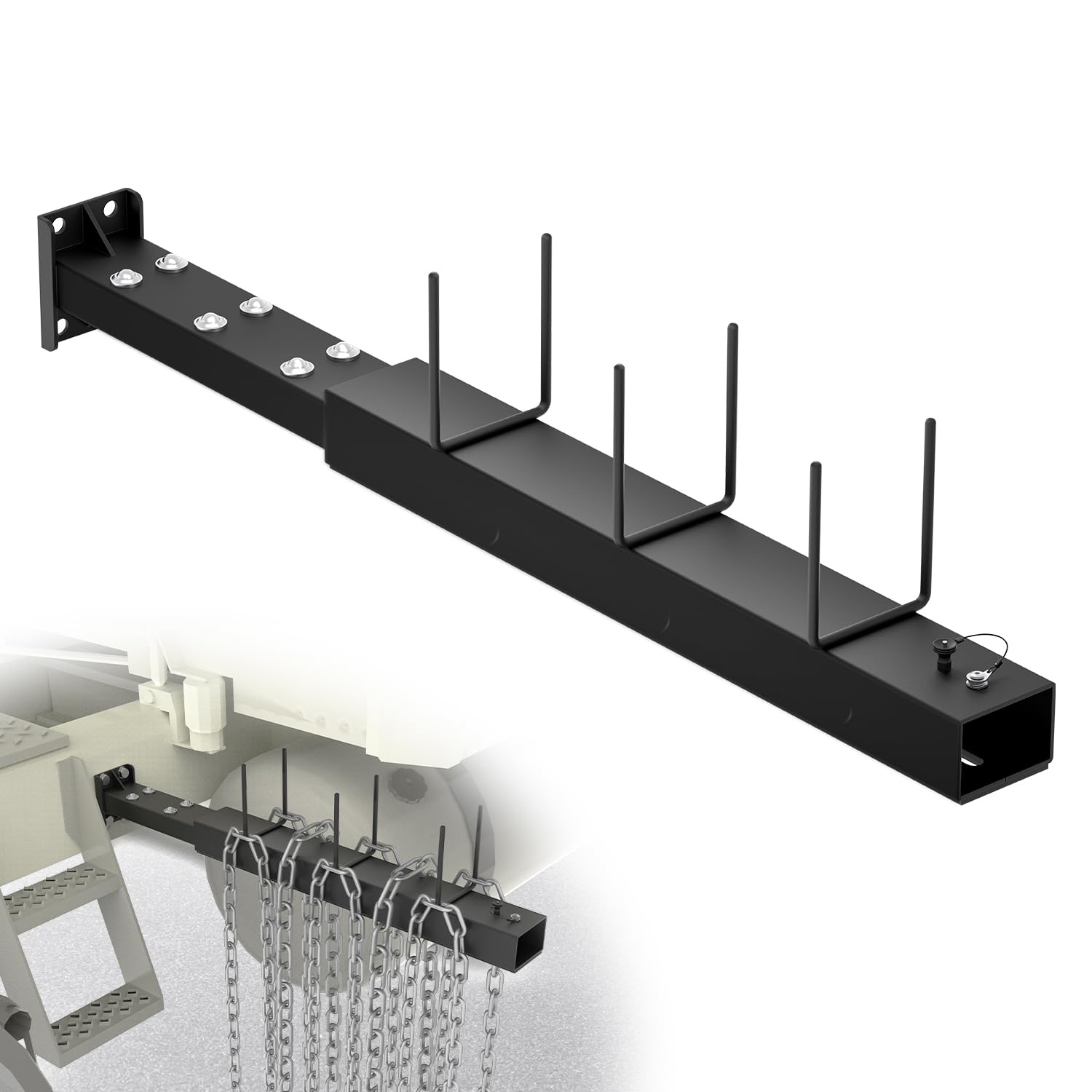 DITKOK Roll-Out Tire Chain Hanger, Heavy-Duty Tire Chain Rack with 12 Ball Casters, Bolt-On Tire Chain Mount for Semi Trucks, Frame-Mounted Tire Chain