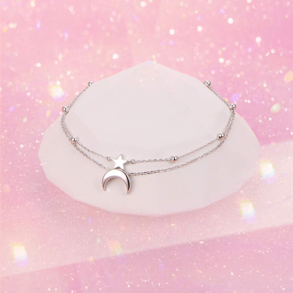 Cavigliera da donna in argento Sterling, girasole, tartarughe, ancora e luna, spiaggia, doppio strato con perle, regalo boho regolabile per ragazze, 9+1 inch, Argento sterling