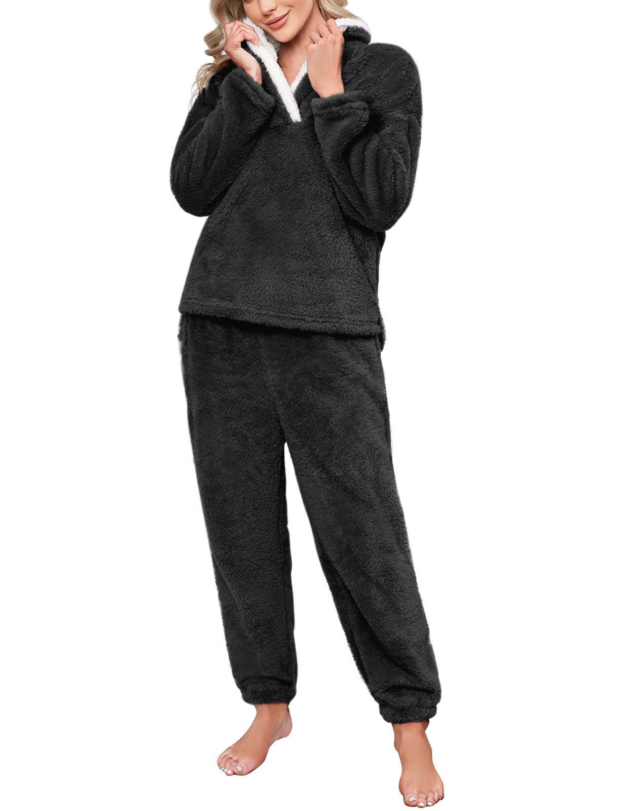 Pyjama Femme Hiver Polaire Ensembles de Pyjama Femme Pyjama Polaire Chaud et Doux Manche Longue Revers Pyjamas