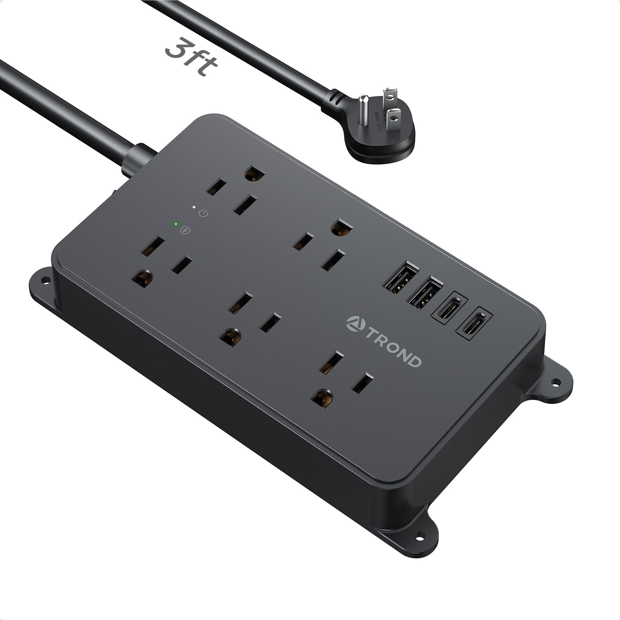 TROND Power Strip Surge Protector 3ft, Wall Mountable, ETL Listed | 5 Widely-Spaced Outlets with 2 USB A and 2 USB C, 1300J Surge Protector, Flat Plug, for Bedroom Office Kitchen, Black
