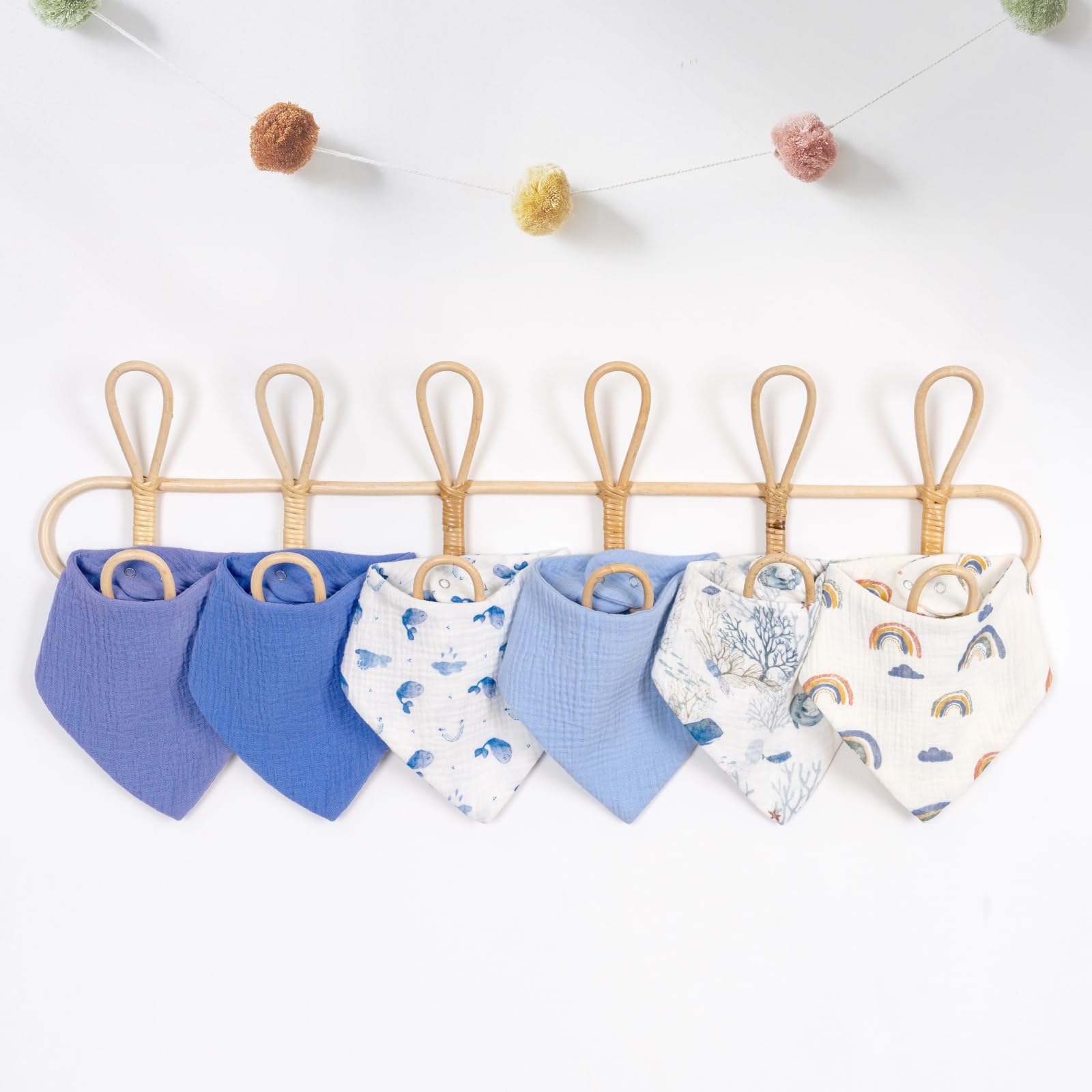 Babero para bebé, pañuelo triangular, 100% algodón, muselina, pañuelo para el cuello para recién nacidos, niños y niñas, absorbente y ajustable, 6 unidades, color azul, arco iris