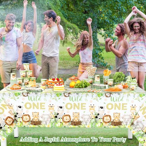 Image of Funnymoom 452 Pcs Wild One Birthday Party Decorations for 50, Safari Jungle Wild One Paper Plates Napkins Cups Tablecloth Cutlery Straws for Boys Kids Woodland Themed First Birthday Party Supplies