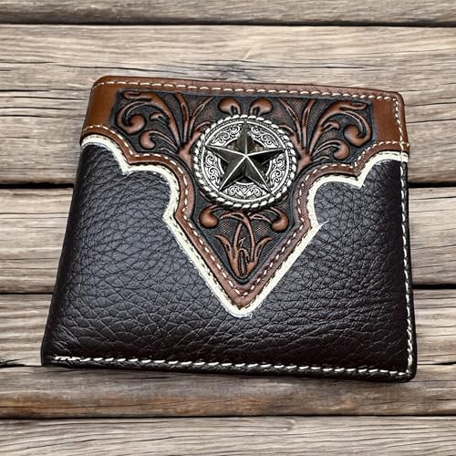 Men’s Short Leather Wallet – Hand Tooled Floral Design with Lone Star Concho – Western Cowboy Bifold Wallet for Texans, Ranchers & Rodeo Gift Ideas2
