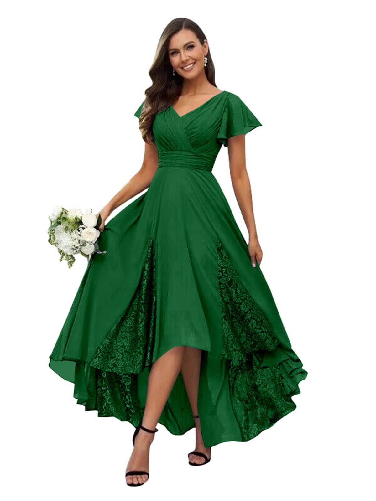 petyoo Chiffon Tea Length Mother of The Bride Dresses for Women Lace Ruffle Sleeves Formal Evening Gown