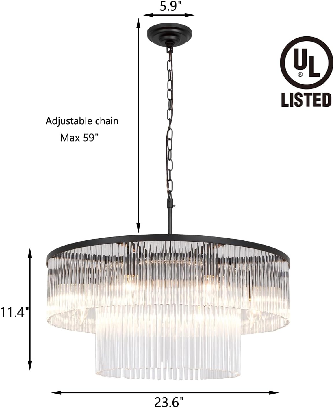 Black Modern Chandelier, 2-Tier Crystal Glass, 8-Light Round Dining Room Chandelier, Contemporary Pendant Ceiling Light for Bedroom Foyer Entryway, 23.6''