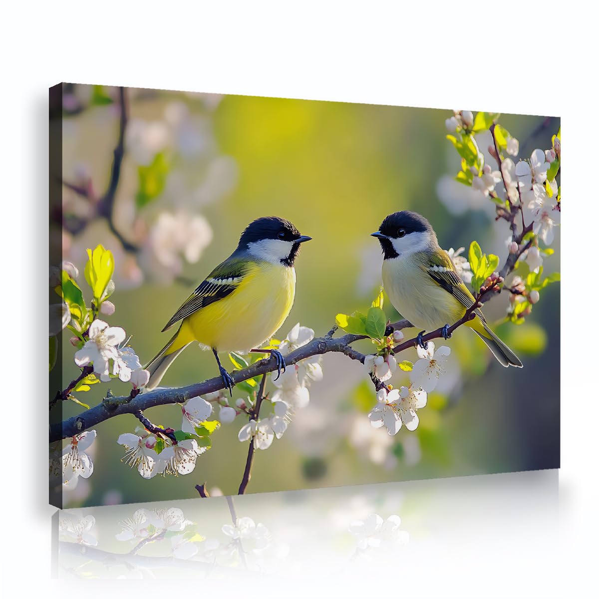 Via Vela Vibrant Chickadee Finches Framed Canvas Prints Kitchen Cute Songbirds Twig Painting White Cherry Blossom Pictures Artwork for Patio Decor 60x90cm