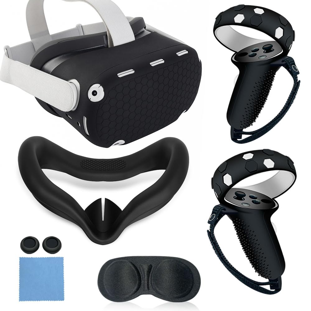 VR Cover Accessories Set Compatible with Meta Quest 2, MLemonVR Silicone VR Shell, Controller Grips & Face Cover, Button Caps, Lens Cover + Glasses Cloth Set for Quest 2 (Black, for Quest 2)-image-14