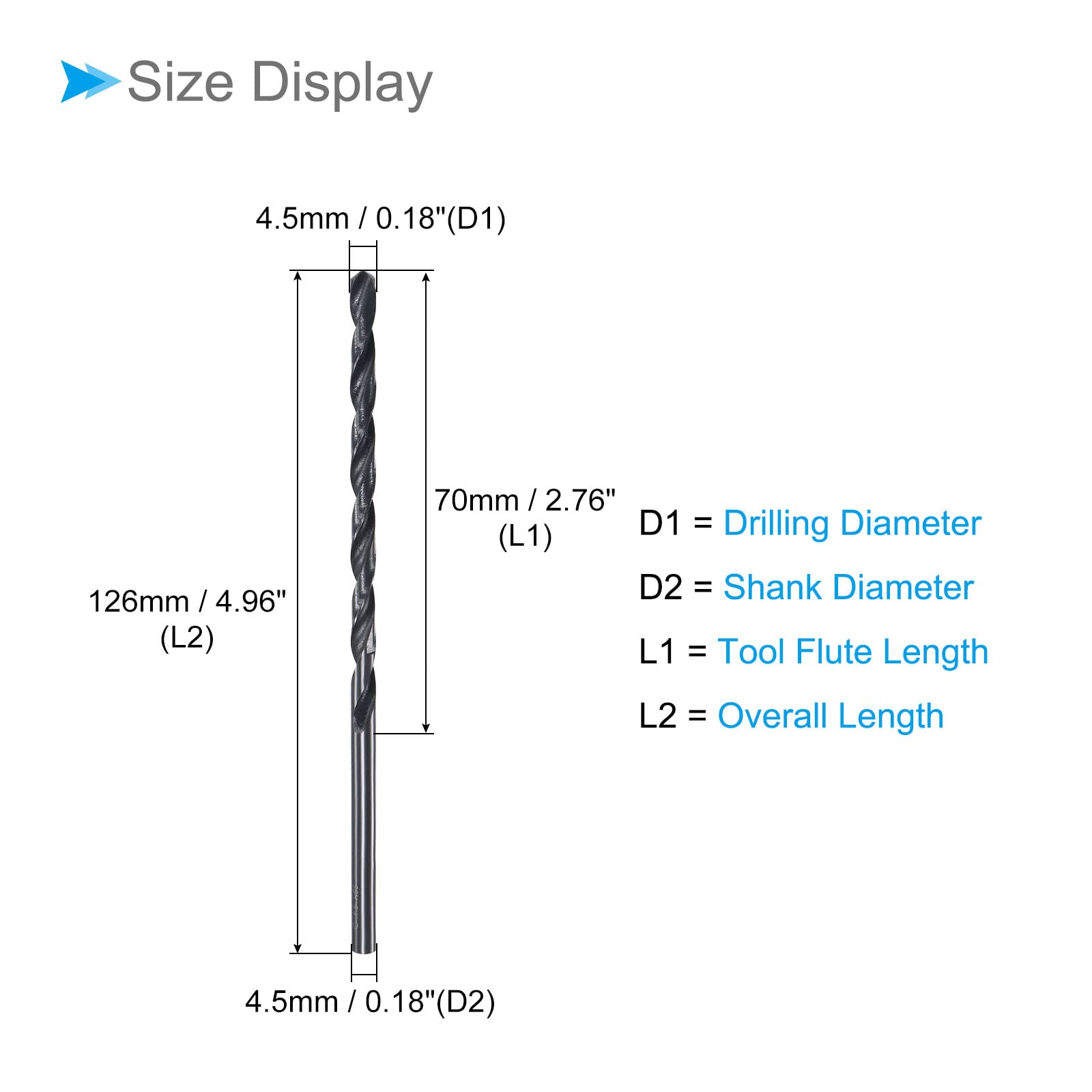 CoCud Twist Drill Bits, 4.5mm Drilling Diameter, Black Oxide High Speed Steel Extra Long Straight Shank - Image 2