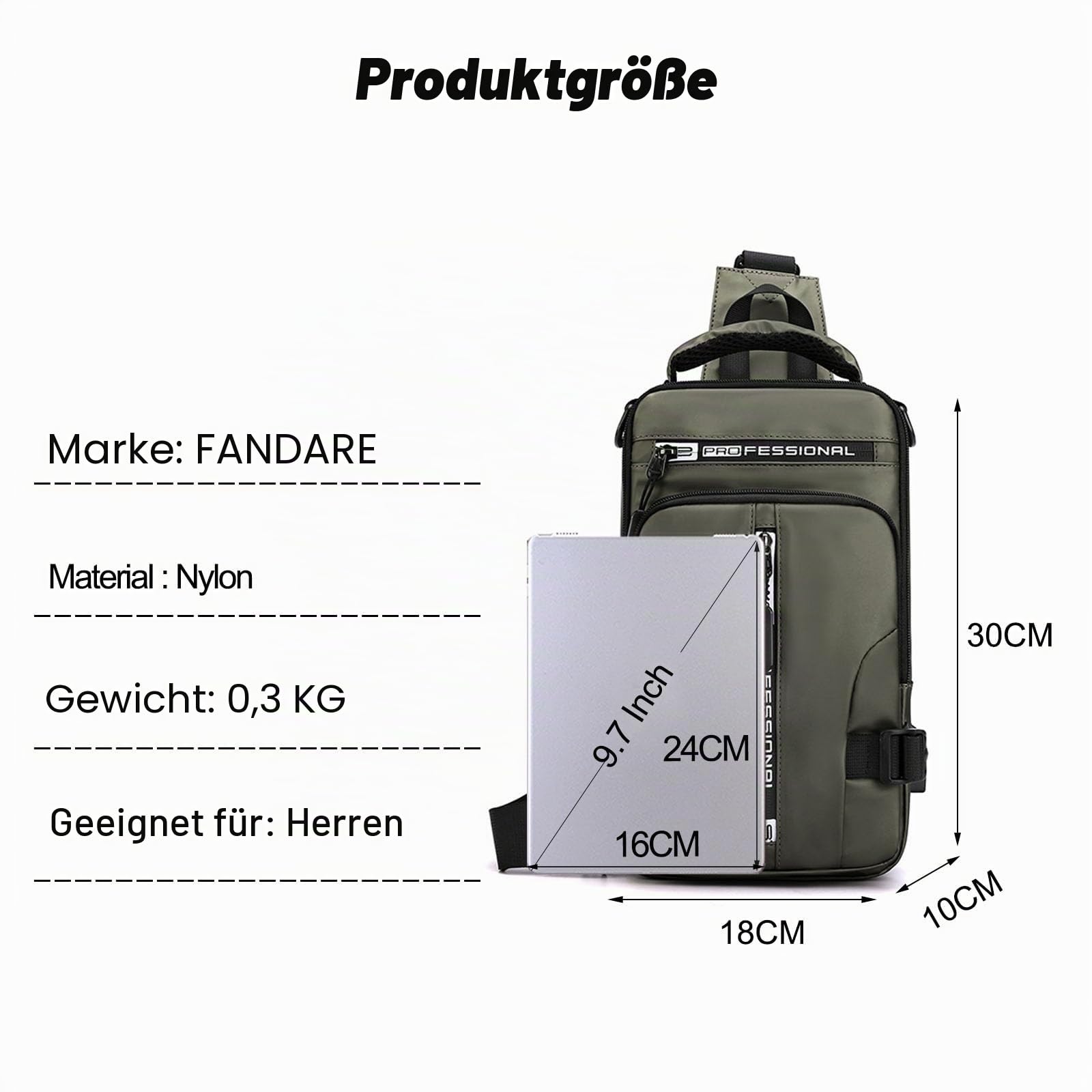 FANDARE Brusttasche für Herren Schultertasche Crossbody Bag mit USB-Ladenanschluss Sling Bag Umhängetaschen Verstellbare Schultergurte für Outdoor Radfahren Reisen Crossover Daypacks Nylon Schwarz