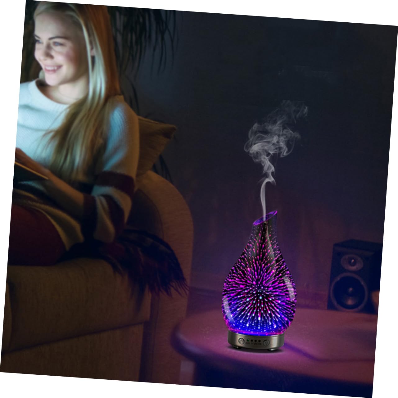 Difusor Humidificador de Vidrio 3D Púrpura Luz Cambiante | Capacidad Inferior a 1 L, Tecnología de Reducción de Ruido, Atomización Suave para Spa y Oficinas