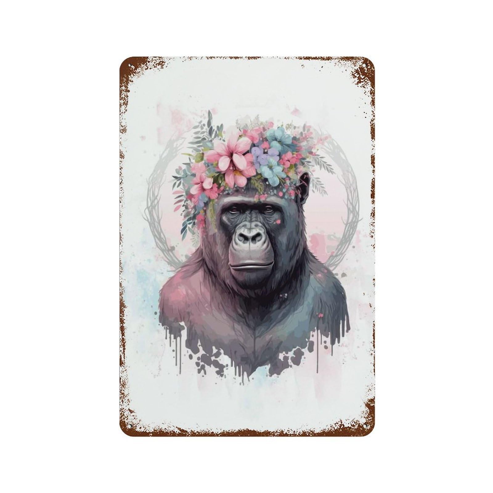 Floral Watercolor Gorilla Decorative Tin Sign 11.8"x7.9", Vintage Wall Decor for Garage, Pub Or Kitchen
