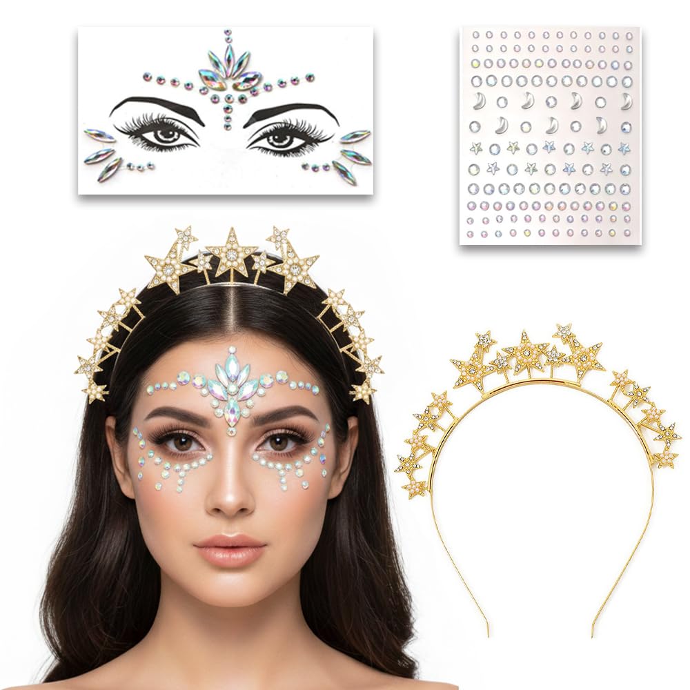 3-Piece Set: Headband Stars Rhinestone + Face Gems & Rhinestones, Halo Headpiece for Women & Girls