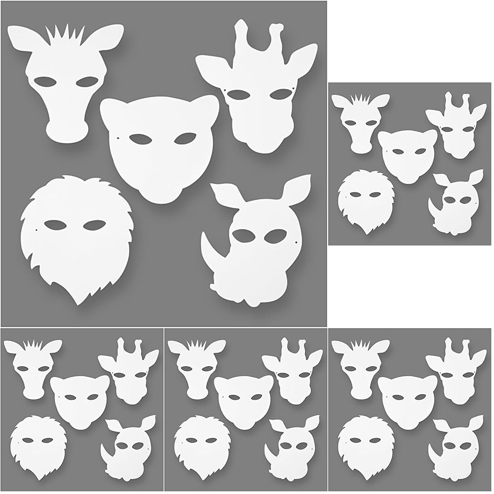 Moonlit White Jungle Animal Cardboard Masks - 16 Pack