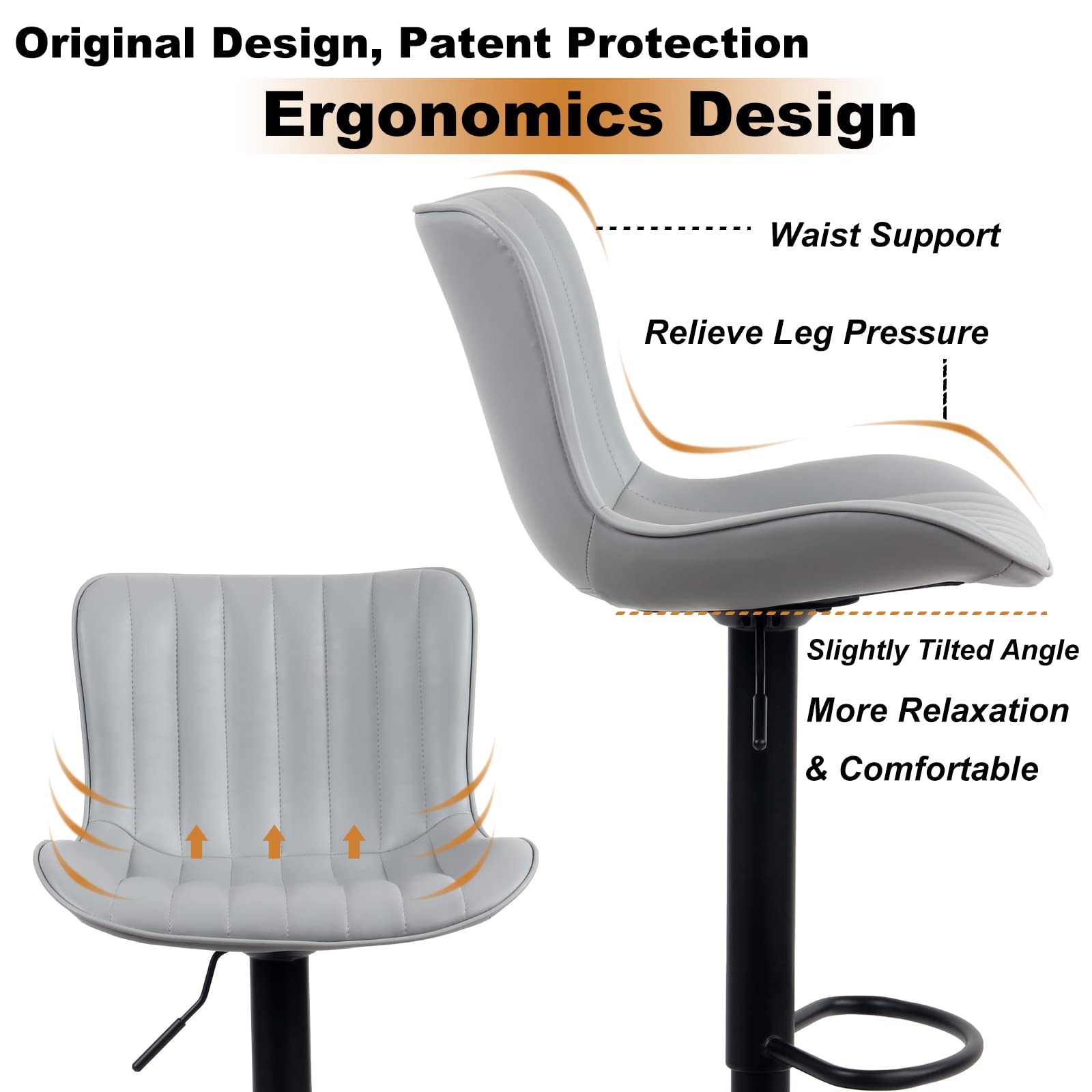 YOUNUOKE Counter Height Bar Stools Set of 2 Modern Faux Leather Barstools with Back Adjustable Swivel Tall Stools Chairs for Kitchen Island Counter, Grey