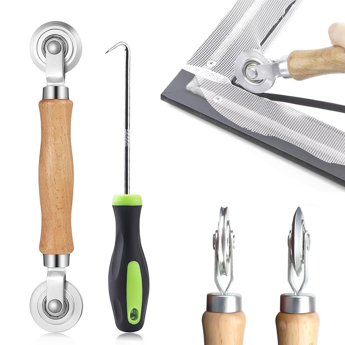 Serplex® Screen Roller Tool, Screen Spline Tool, Spline Roller, Steel/Nylon Roller with Bearing + Removal Hook, Window Screen Door Repair Kit, for Installing Door Window Mesh