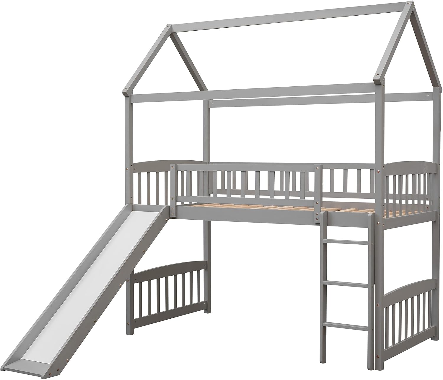 Twin Loft Bed with Slide, Wood Loft Bed Frame, Twin Size House Bed, Bedroom Furniture for Kids/Teens/Aldults, No Box Spring Needed, Grey