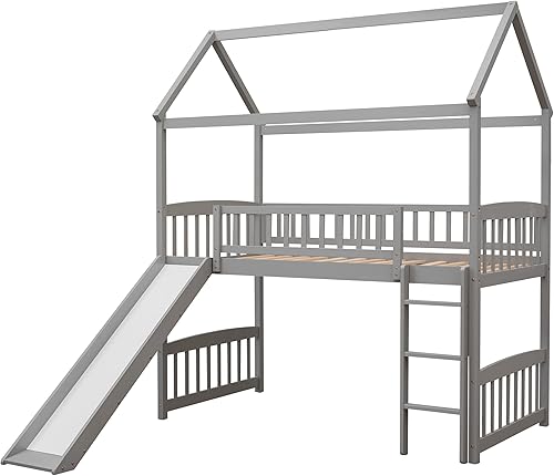 Miniatura 46 de Marco de litera con tobogán, no necesita somier, gris, individual sobre individual Gris,Blanco,https://www.amazon.com/dp/undefined
