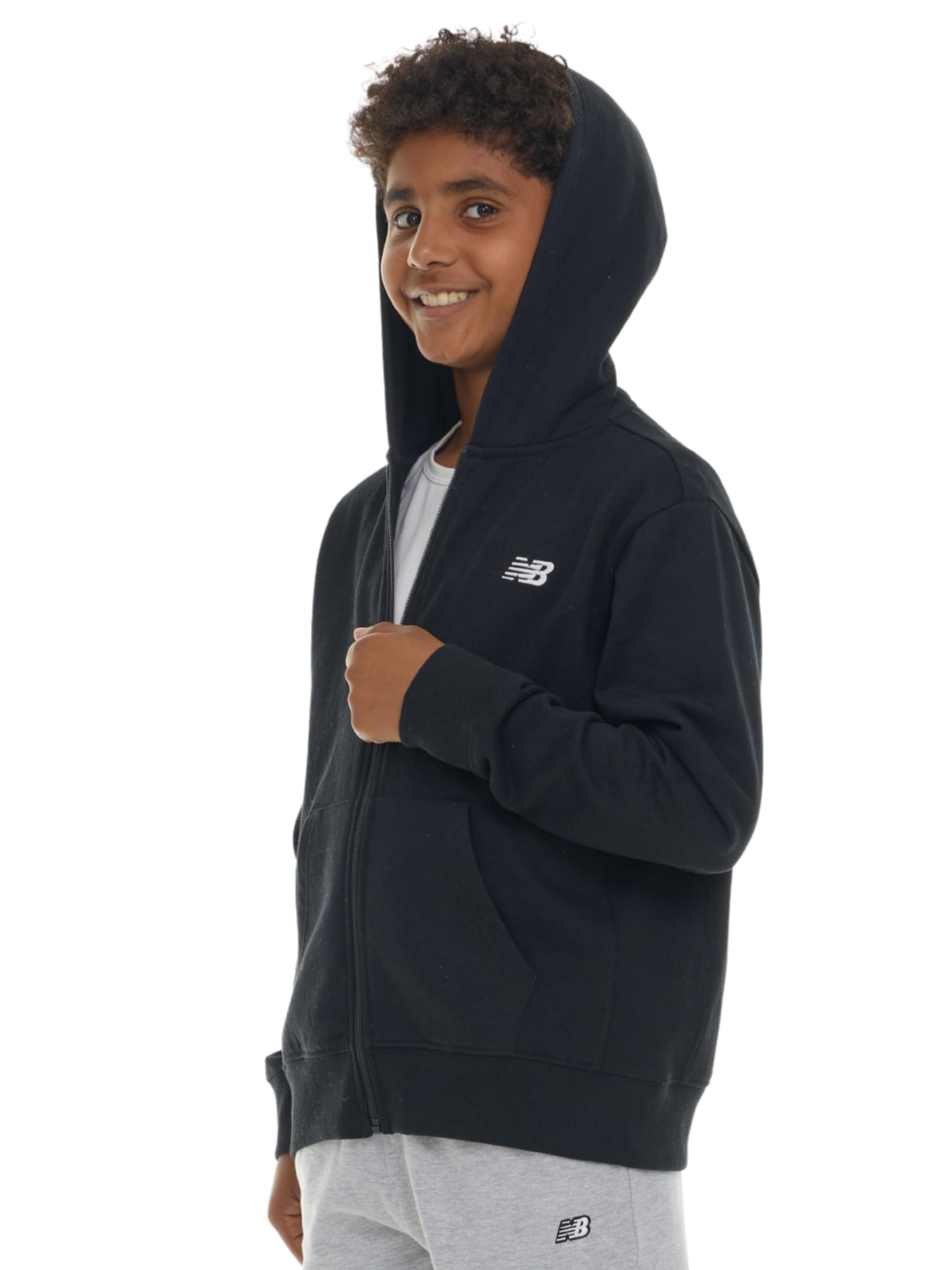 New Balance Boys Zip Up Hoodie – Full Zip Premium Cotton Blended Fleece Sweatshirt with Lined Hood, Comfortable Fit Black