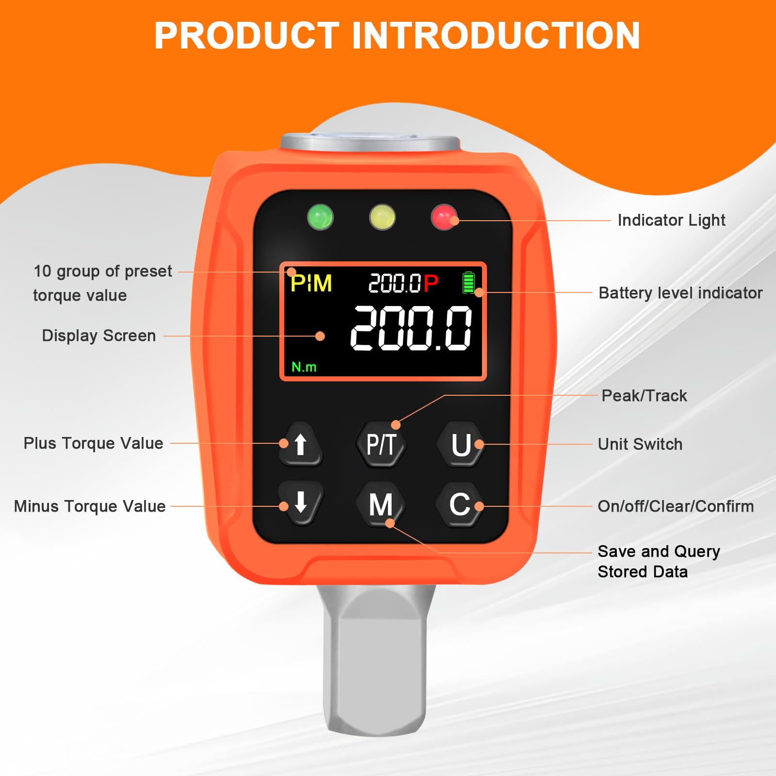 ATsafepro Adattatore Chiave Dinamometrica Digitale 1/2", 10-200 Nm Chiave Dinamometrica ±1% di Precisione con Schermo LCD a Colori e Buzzer, Adattatori 1/4" e 3/8" per Automobile, Motocicletta, Bicicl