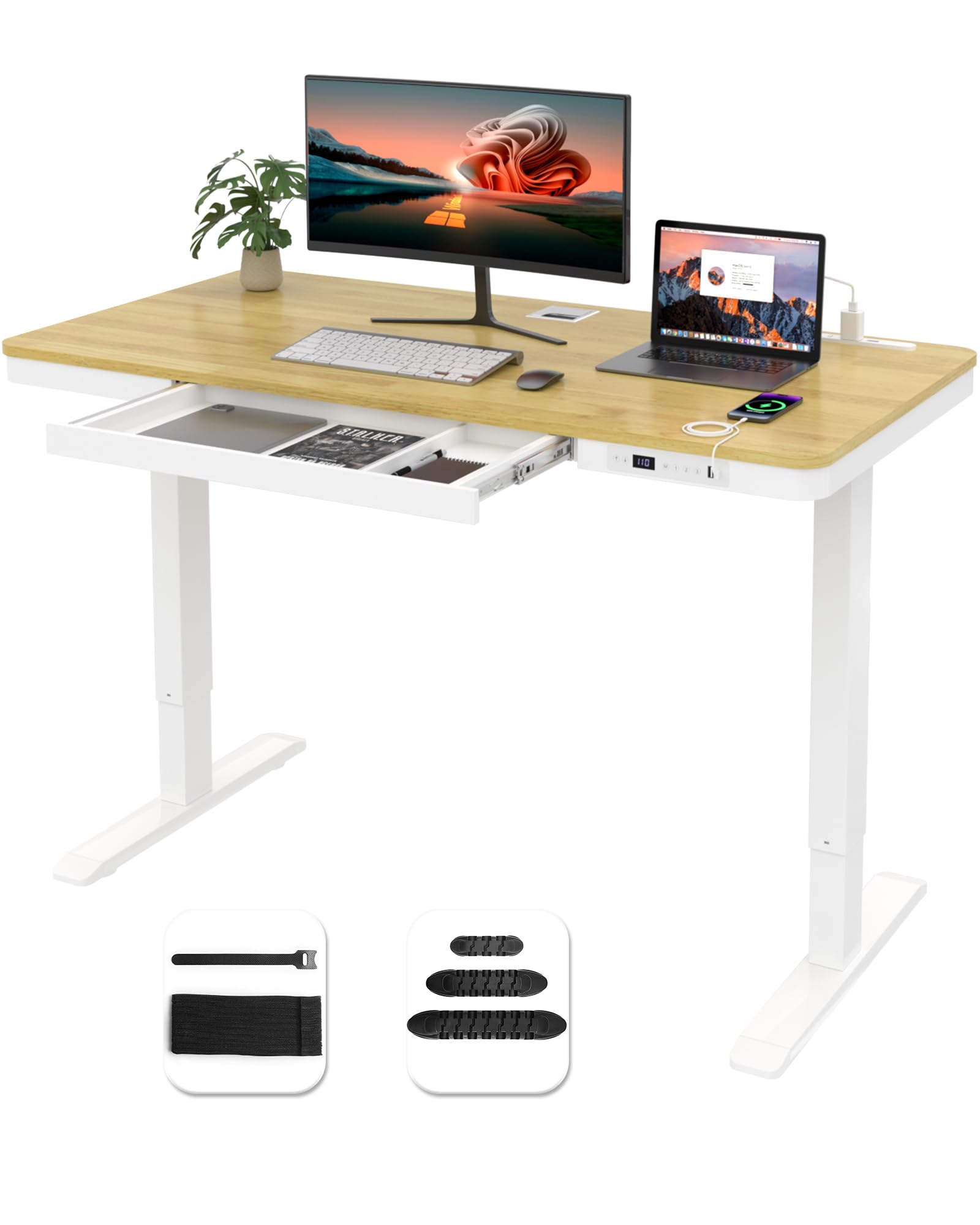 Amazon | HOMAYA 昇降デスク 電動 コンセント/USB-A/Type-C/引出し付き 
