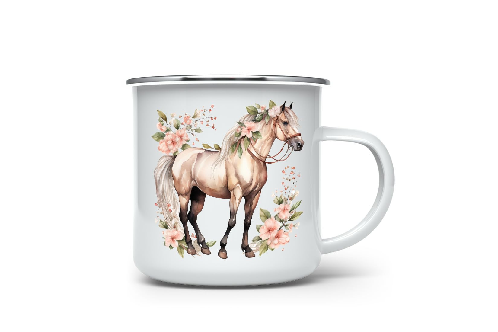 MAXIKIWI - Durable Enamel Coffee or Tea Camping Mug for Indoor Outdoor Use - Horse Flower Watercolor - 350ml