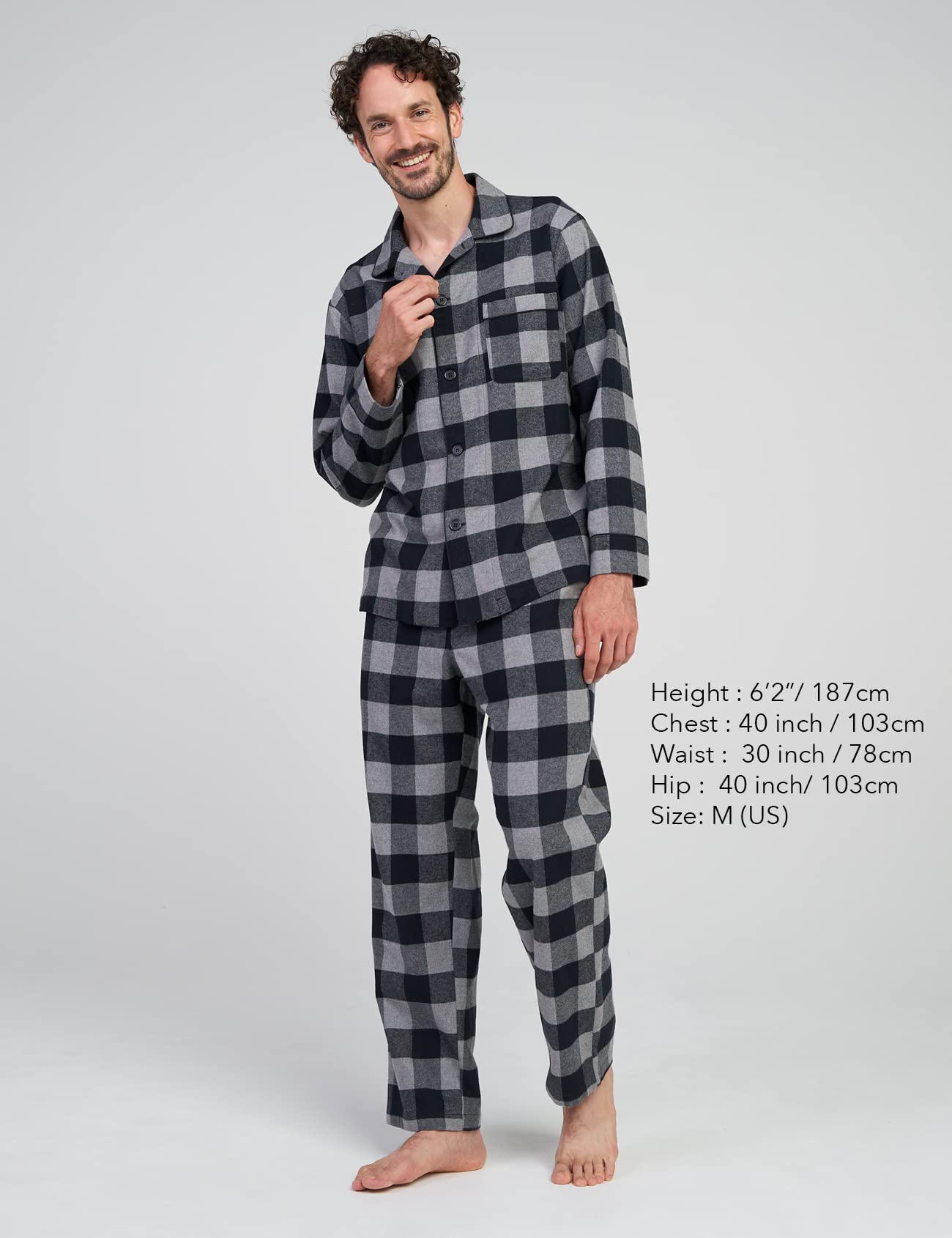LAPASA 100% Cotone Flanella Completo Pigiama da Uomo a Quadri con Tasche e Coulisse, Set Maglia & Pantaloni M95