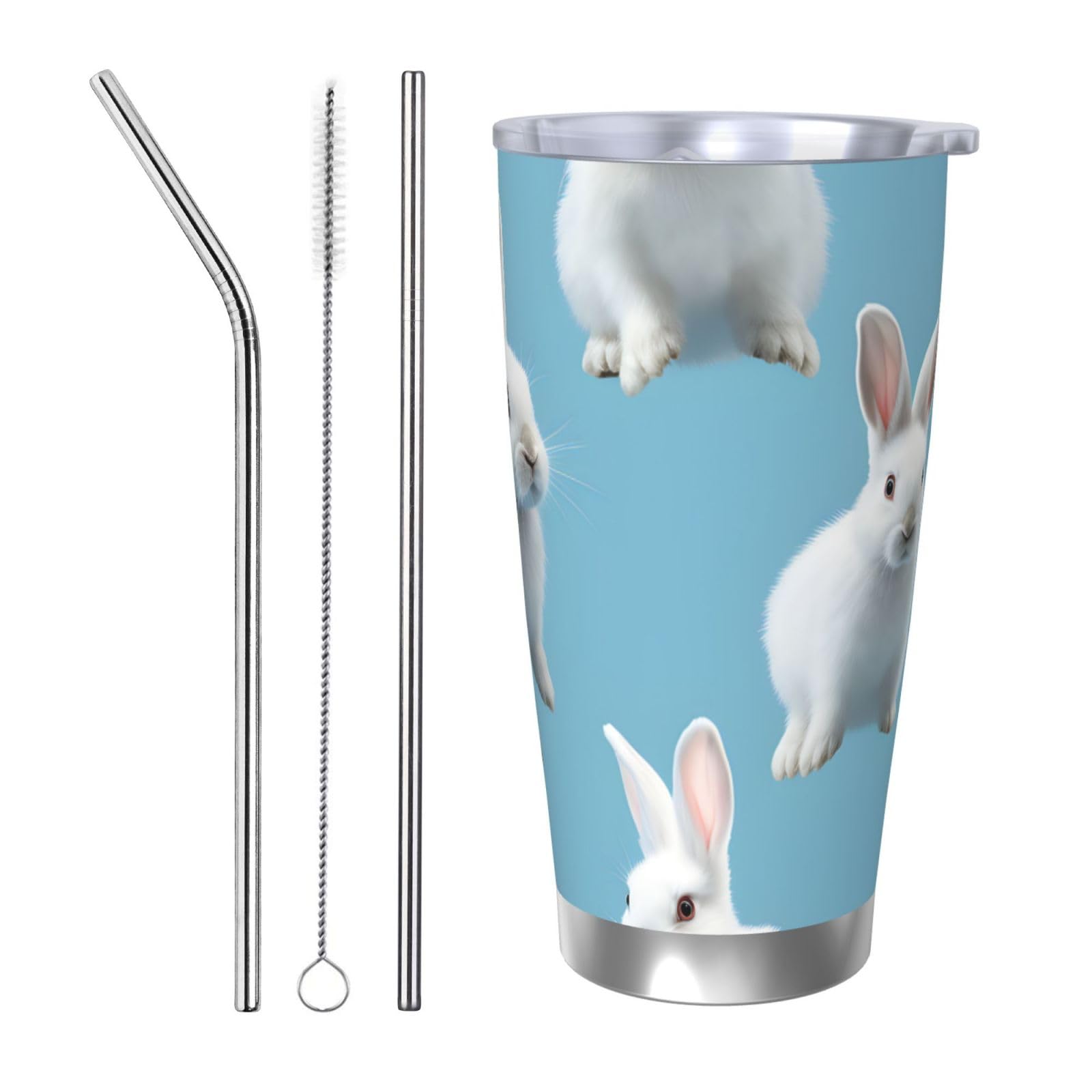 Mexpekil Insulated Travel Mug Iced Coffee Cup Travel Mug Stainless Steel Smoothie Cup Car Coffee Mug White Rabbit Tumbler with Straw and Lid, 590ml