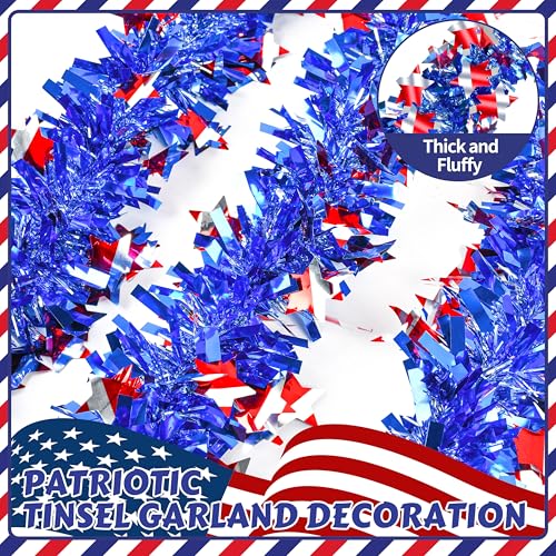 Image of 50FT 4th of July Patriotic Tinsel Garland, Glitter Tinsel Garlands with Mixed Color Star, Metallic Holiday Hanging Streamers for Memorial Day Independence Day Indoor Outdoor Party Decor