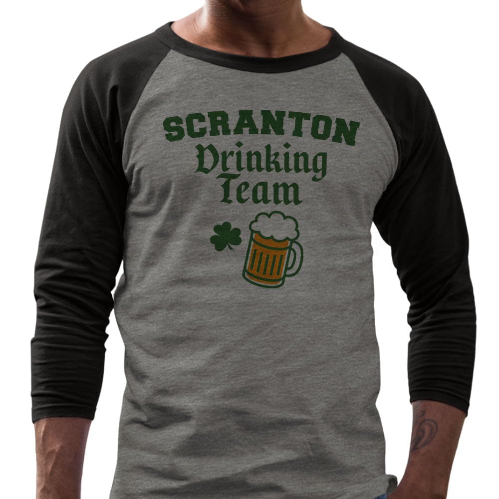 TeesAndTankYou Scranton Drinking Team St. Patrick's Day Three-Quarter Raglan Sleeve Baseball Shirt Unisex Medium Grey/Black