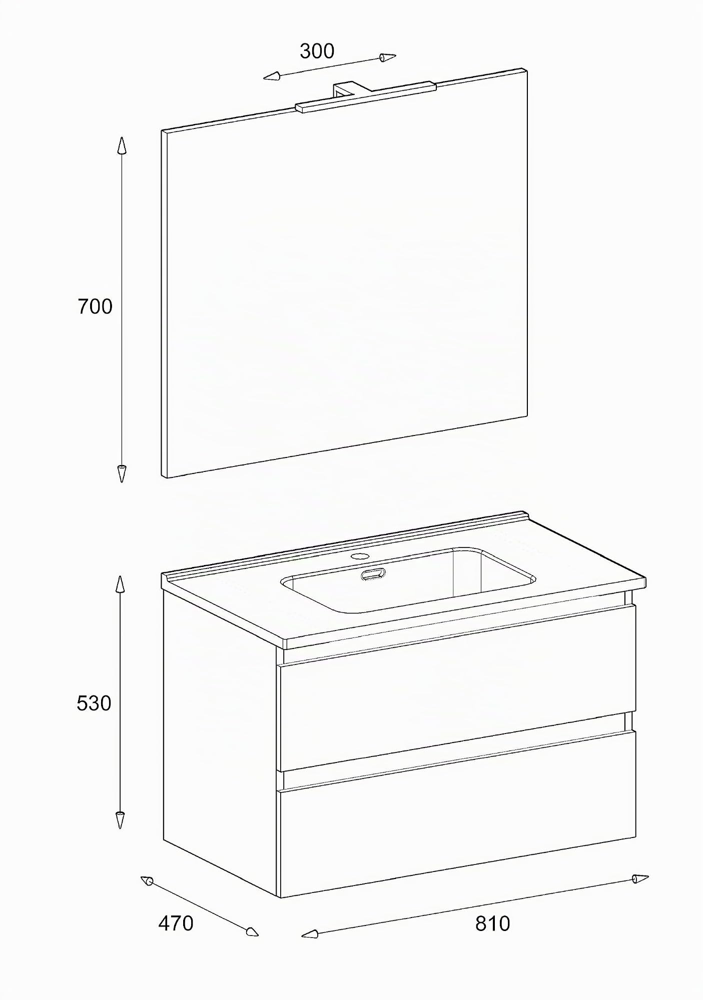 MaMa Store Atena Mobile sospeso con lavabo, specchio e lampada LED, Laminato, Quercia Naturale L. 81 X P. 47 X H. 53 Cm