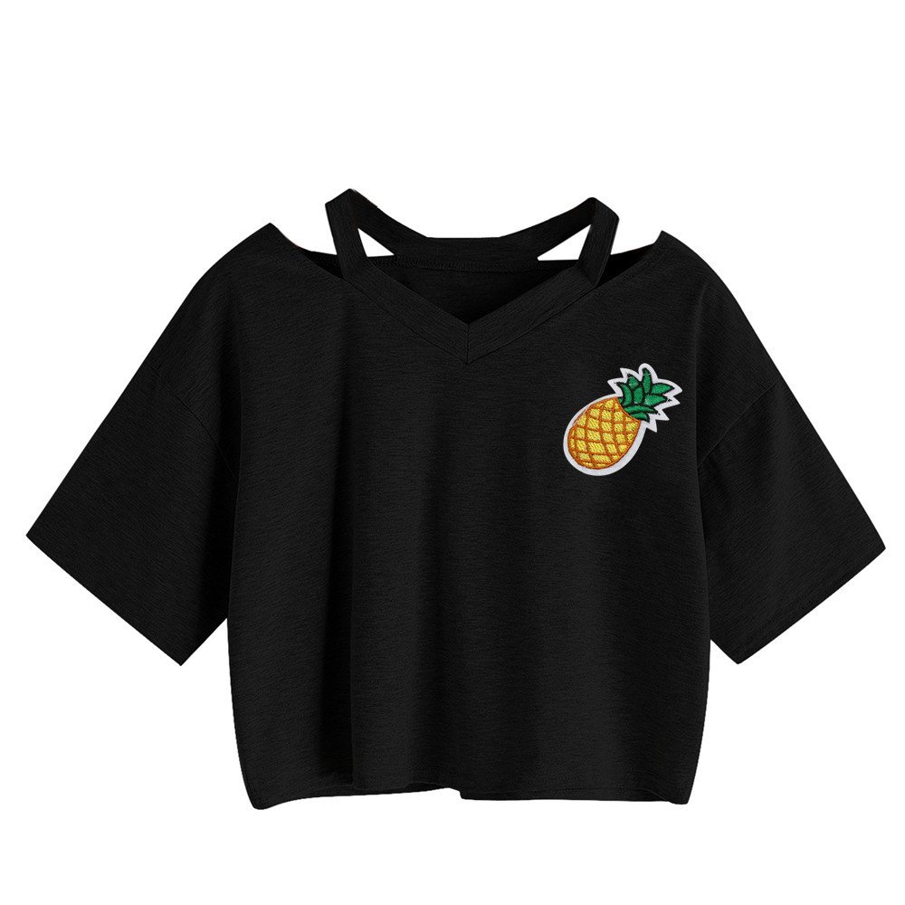 Clearance Women Pineapple Printed Crop Top Short Sleeve Blouse Top Casual Shirt Teen Girls Tunic Tops Jumper Sweatshirt for Summer (M, Black)