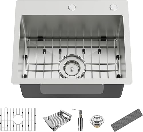 Fregadero de cocina y bar, 20 x 16 pulgadas, de acero inoxidable, moderno, de un solo tazón, montaje superior, fregadero de cocina y bar, rejilla